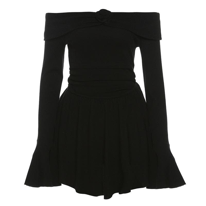 Flower Applique Off Shoulder Long Sleeve Fit and Flare Mini Dress