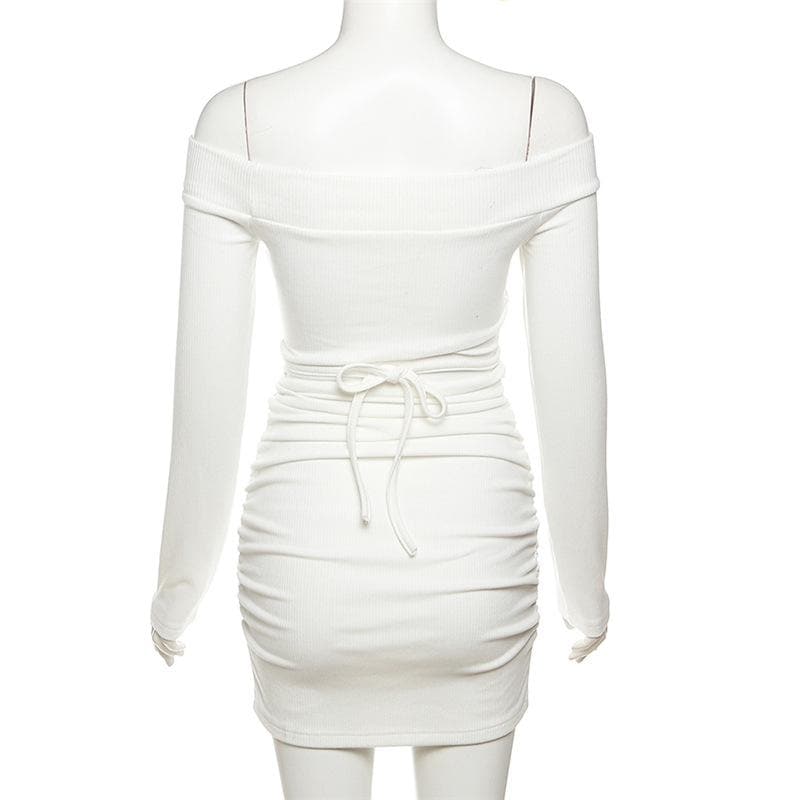 Lace up solid hollow out off shoulder long sleeve mini dress 5