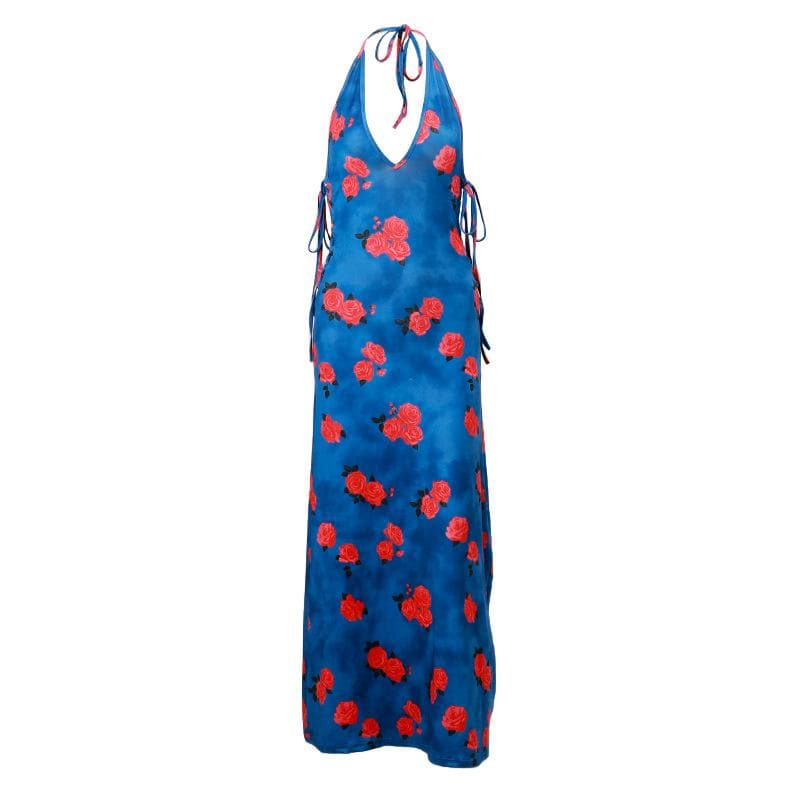 Floral Deep V-Neck Lace Up Backless Slip Maxi Dress