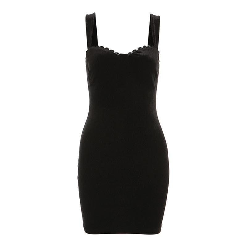 Velvet solid sleeveless sweetheart neck lace hem mini dress - View 5