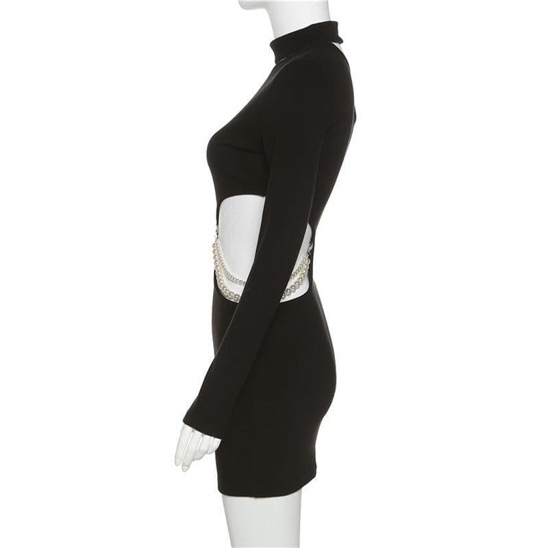 Mock Neck Long Sleeve Asymmetric Shoulder Pearl Chain Side Cut Out Bodycon Mini Dress