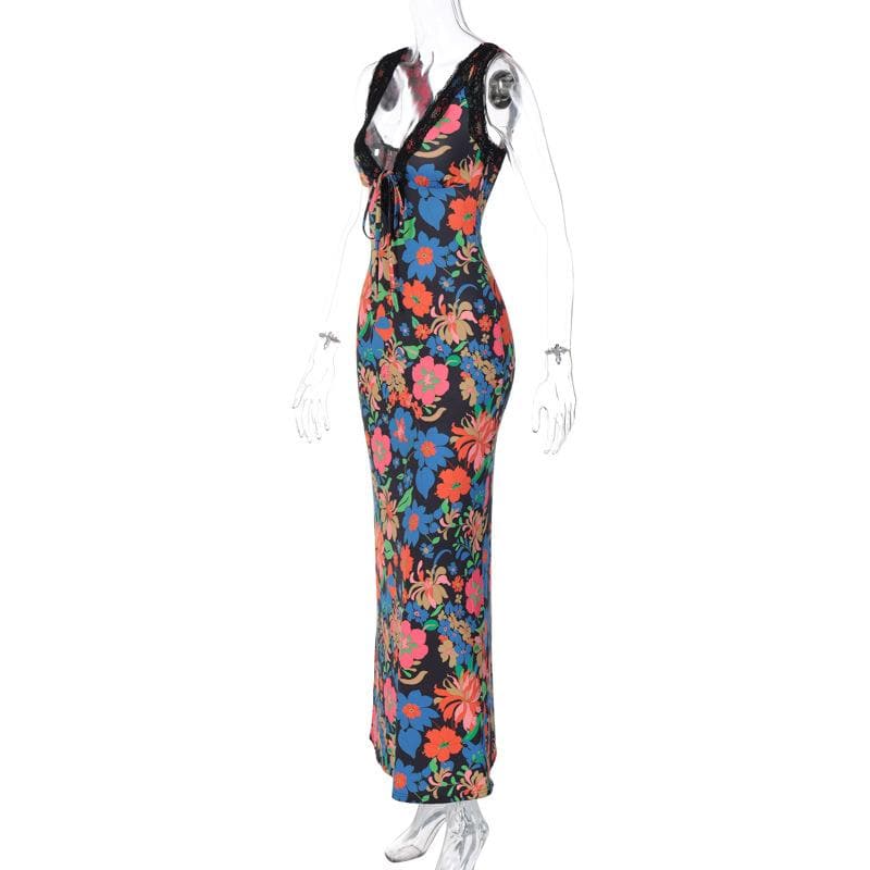Lace hem sleeveless v neck flower print contrast maxi dress - View 3