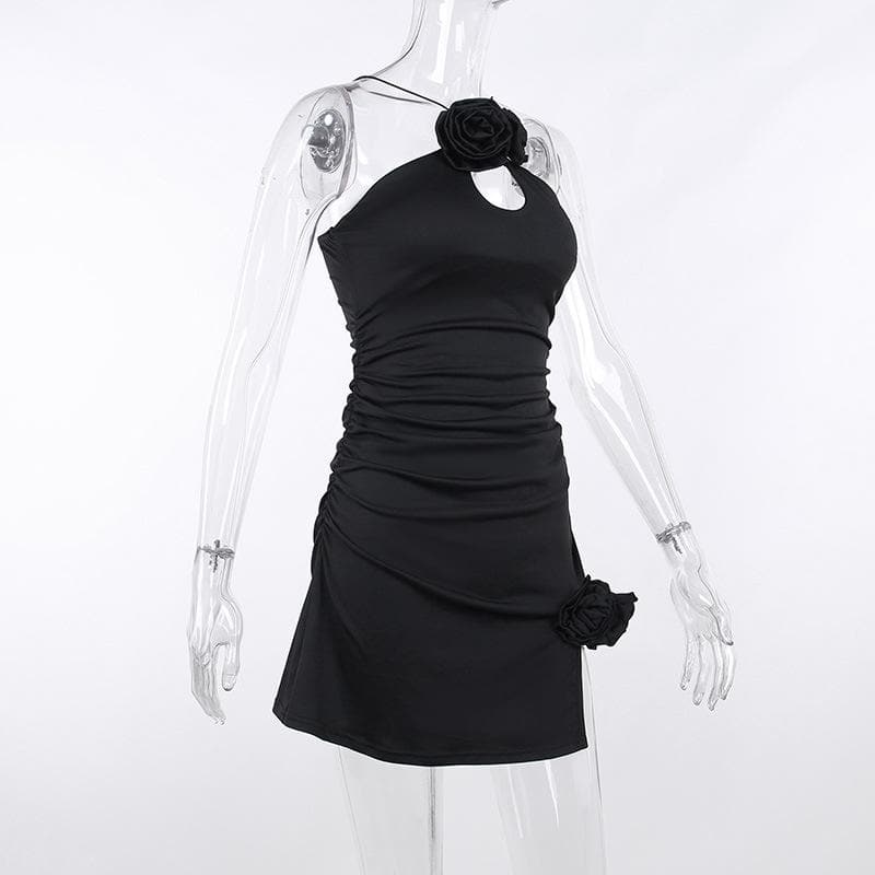 Rosette Appliqué Halter Cut Out Ruched Bodycon Mini Dress