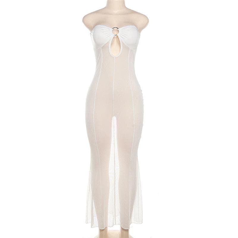 Mesh see through o ring hollow out backless tube maxi dress 4