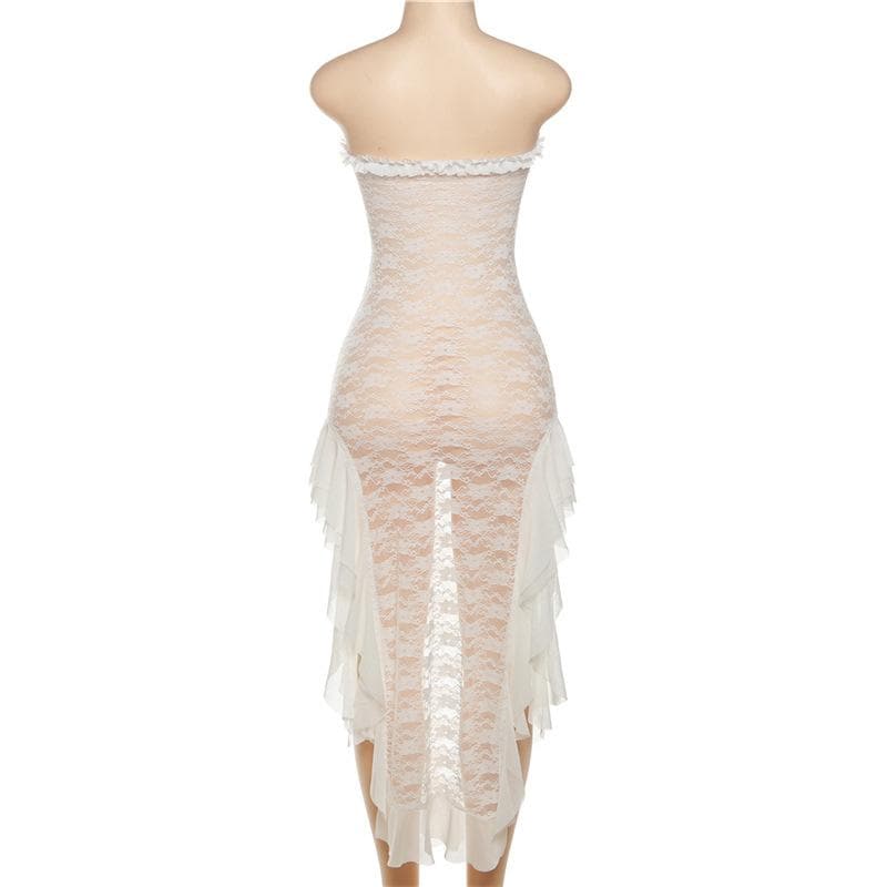 Lace see through ruffle backless slit tube midi dress 4