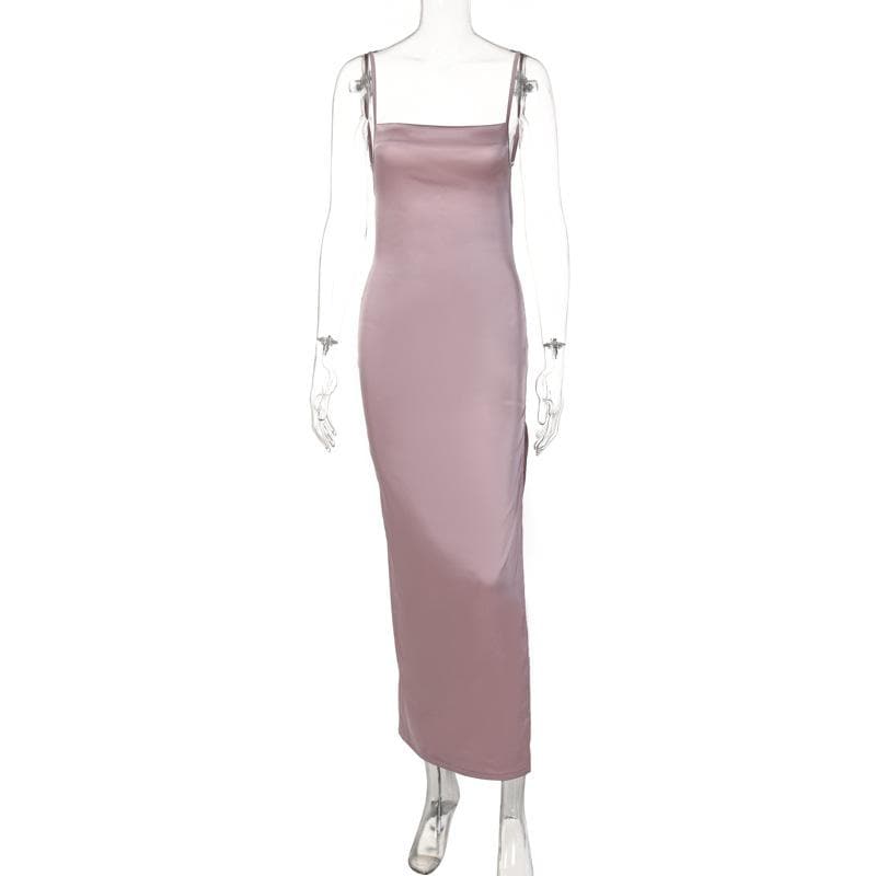 Satin Straight Neck Spaghetti Strap Open Back High Split Midi Dress 8
