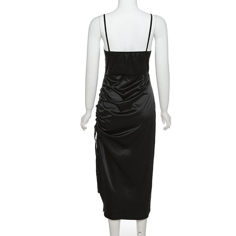 Square neck drawstring ruched slit satin midi dress - View 4