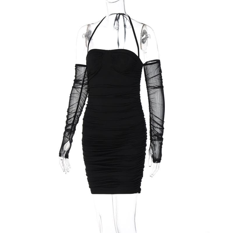 Mesh Glove Halter Neck Ruched Bodycon Mini Dress