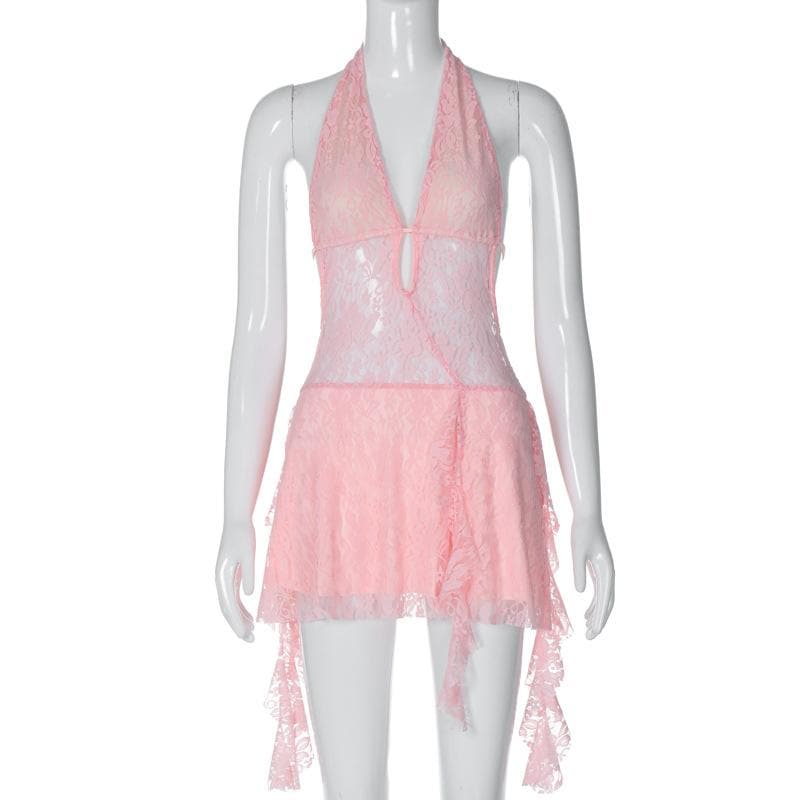 Lace Halter Deep V-Neck Ruffle Mini Dress