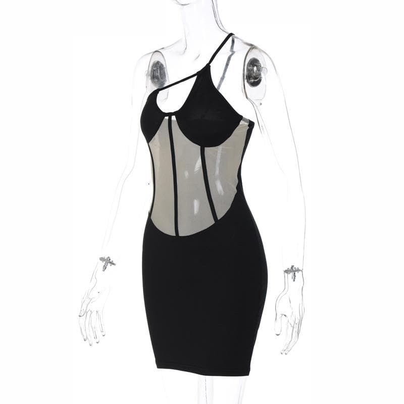 Mesh One Shoulder Cut Out Corset Bodycon Mini Dress