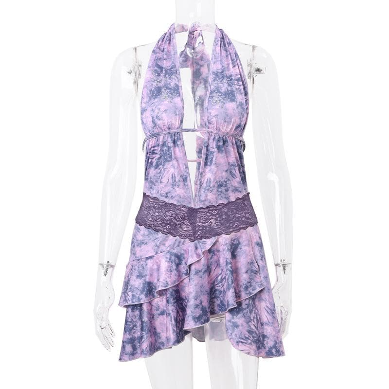 Tie Dye Halter Neck Lace Trim Ruffle Mini Dress