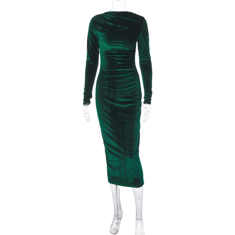 Velvet solid ruched long sleeve midi dress - View 2
