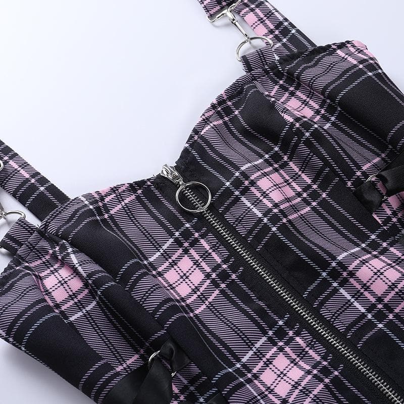 Plaid zip-up contrast sleeveless lace up backless mini dress 8