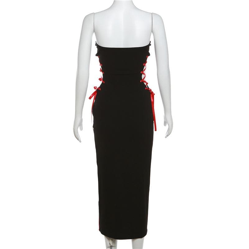 Lace up contrast irregular slit sweetheart neck midi dress - View 3