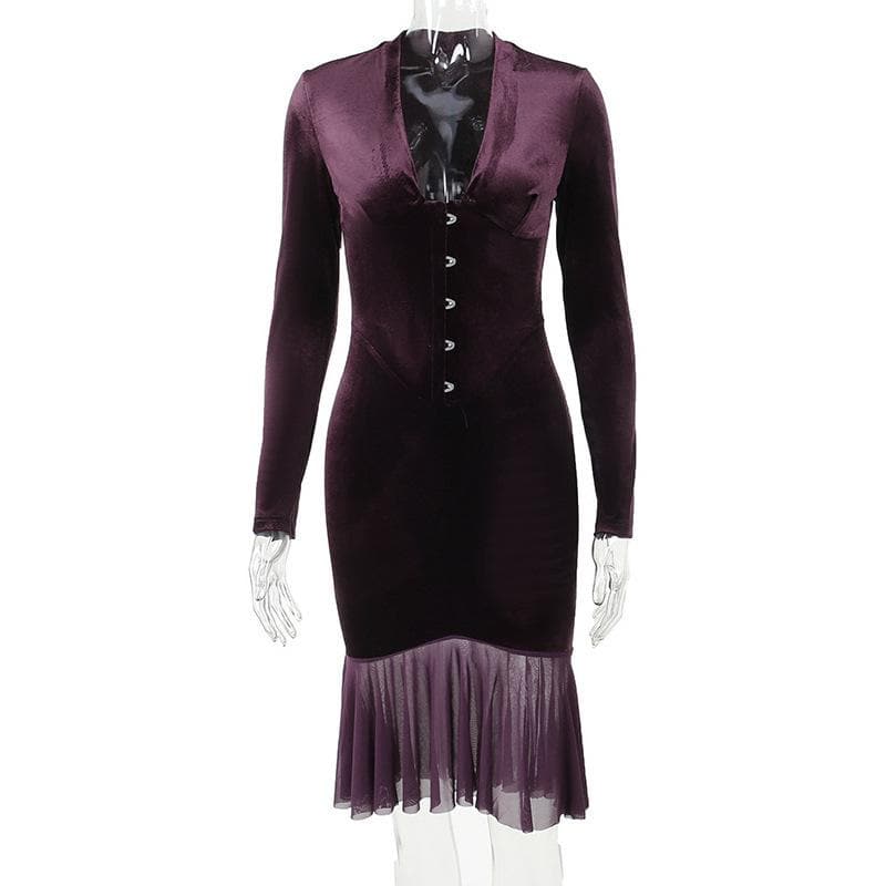 Velvet button ruffle long sleeve v neck solid midi dress - View 2