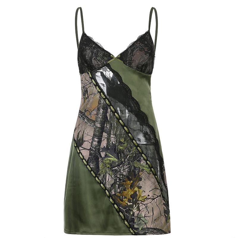 Lace Trim Forest Print Patchwork Spaghetti Strap Bodycon Mini Dress