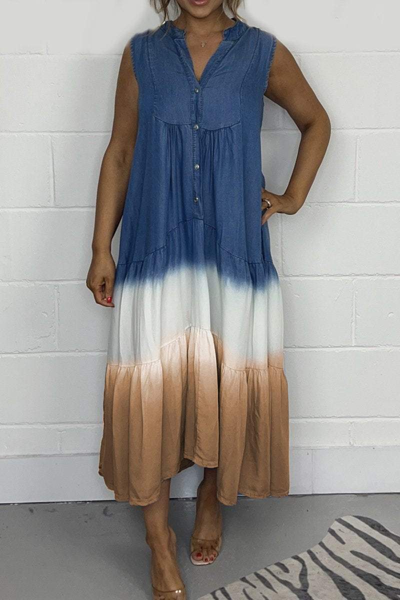 Chambray Sleeveless Button Front Tiered Midi Dress 4