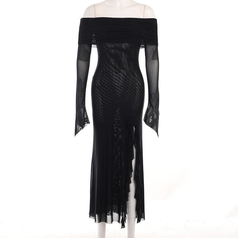 Off shoulder slit sheer mesh see through long sleeve maxi dress 3