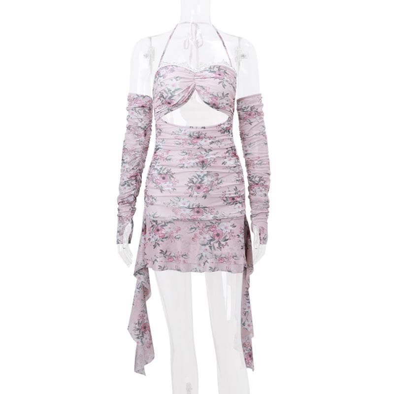 Floral Halter Neck Lace Trim Cut Out Ruched Ruffle Mini Dress