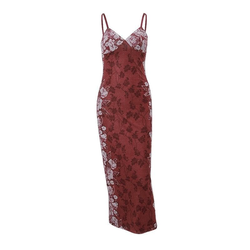 Floral Print V-Neck Spaghetti Strap Bodycon Maxi Dress