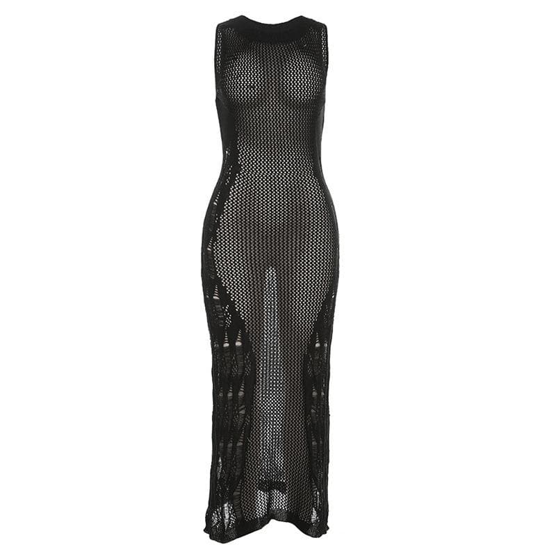 Open Knit Distressed Crochet Mesh Sleeveless Bodycon Maxi Dress