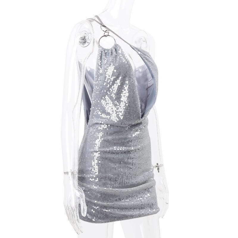 One shoulder irregular glitter low cut o ring ruched mini dress - View 3
