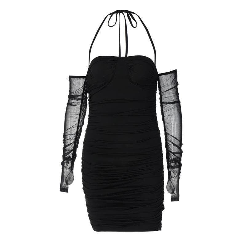 Mesh Glove Halter Neck Ruched Bodycon Mini Dress