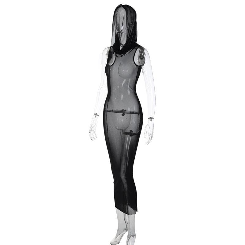 Sheer Mesh Sleeveless Hooded Bodycon Maxi Dress 3