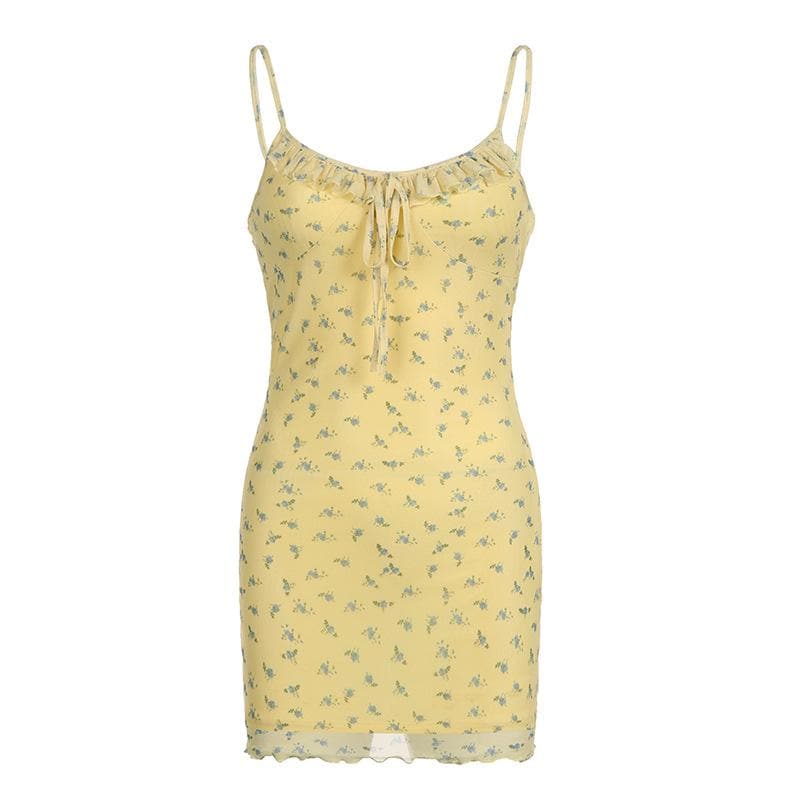 Mesh Floral Print Spaghetti Strap Ruffle Tie Front Bodycon Mini Dress