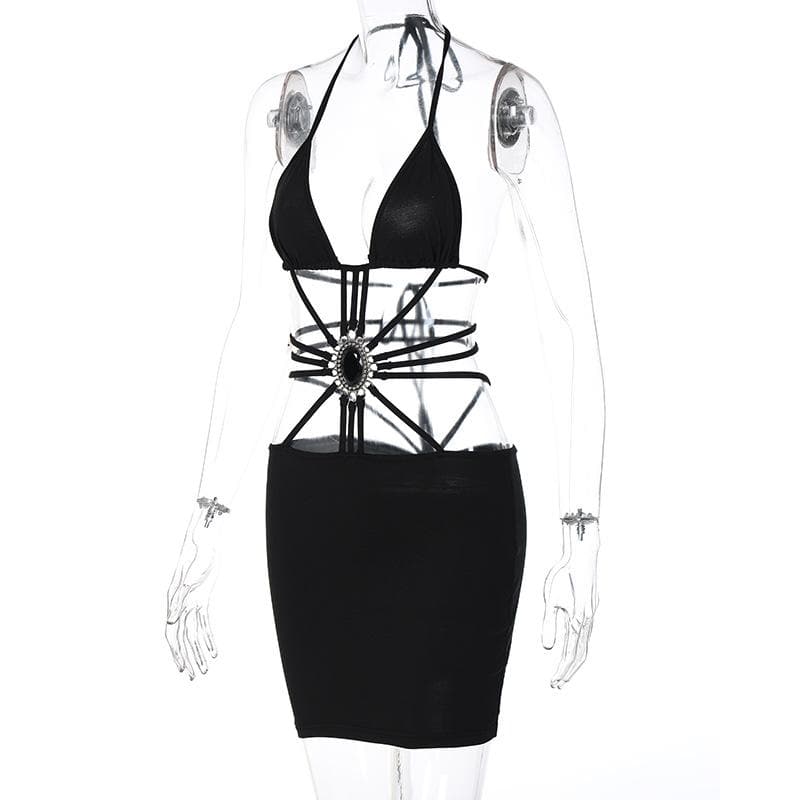Halter Neck Strappy Cut Out Stone Applique Bodycon Mini Dress