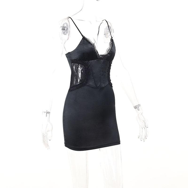 Satin V-Neck Lace Trim Corset Bodycon Mini Dress