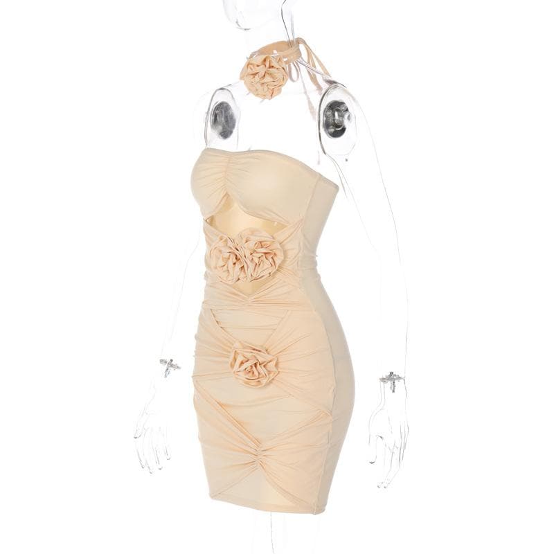 Halter Ruched Flower Applique Bodycon Mini Dress