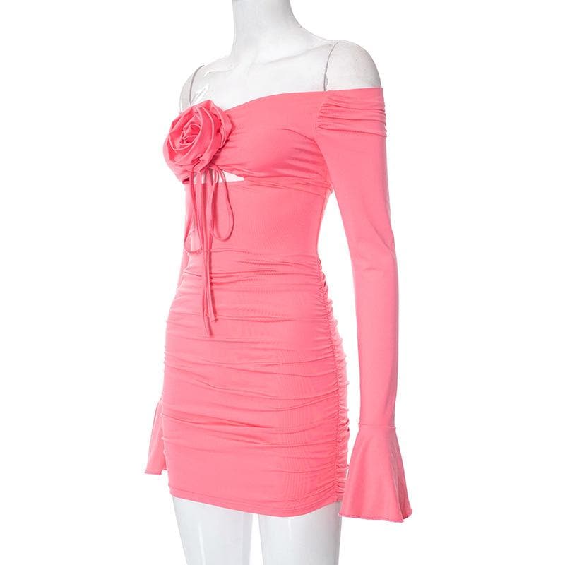 Flower Applique Off Shoulder Long Sleeve Cut Out Bodycon Mini Dress