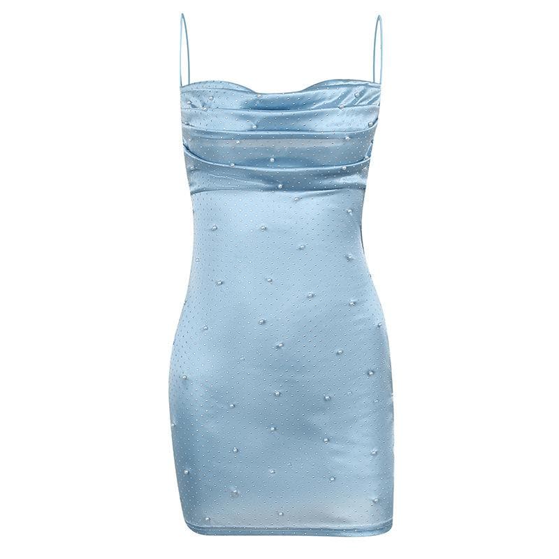 Satin Cowl Neck Spaghetti Strap Faux Pearl Beaded Bodycon Mini Dress