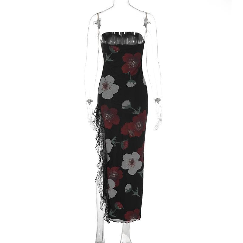 Floral Print Strapless High Split Ruffle Lace Trim Maxi Dress