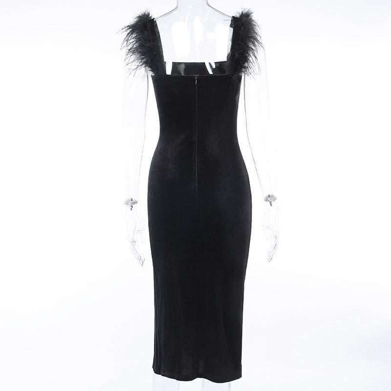 Velvet feather sleeveless slit solid zip-up midi dress - View 4