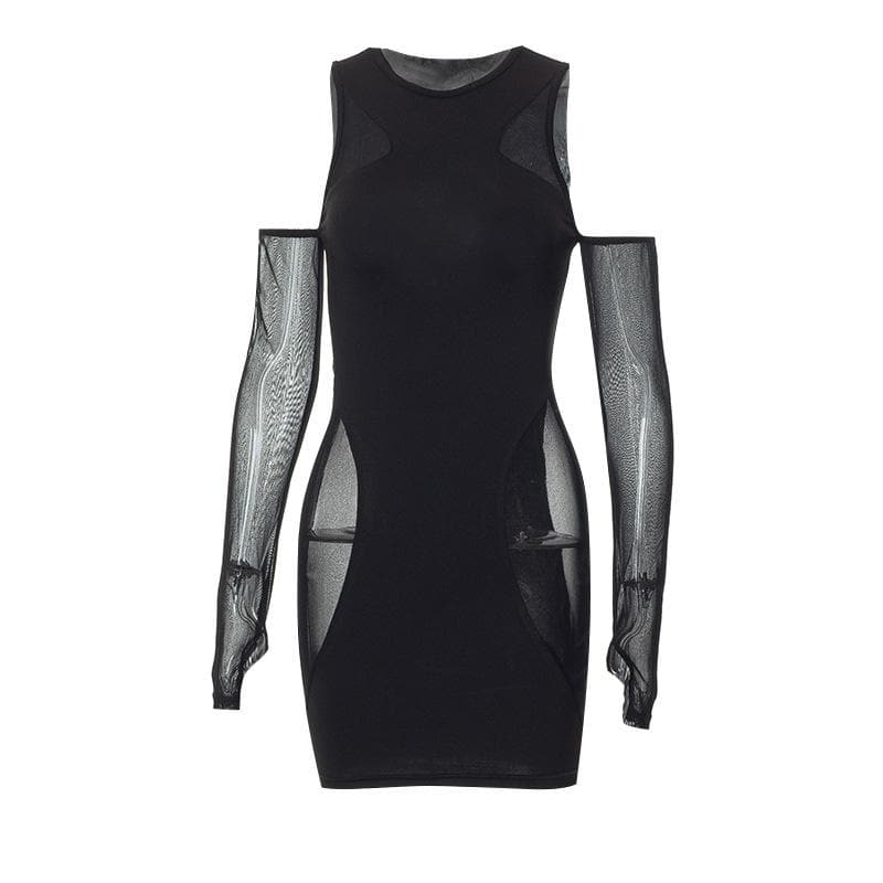 Mesh sleeveless solid gloves crewneck mini dress 2
