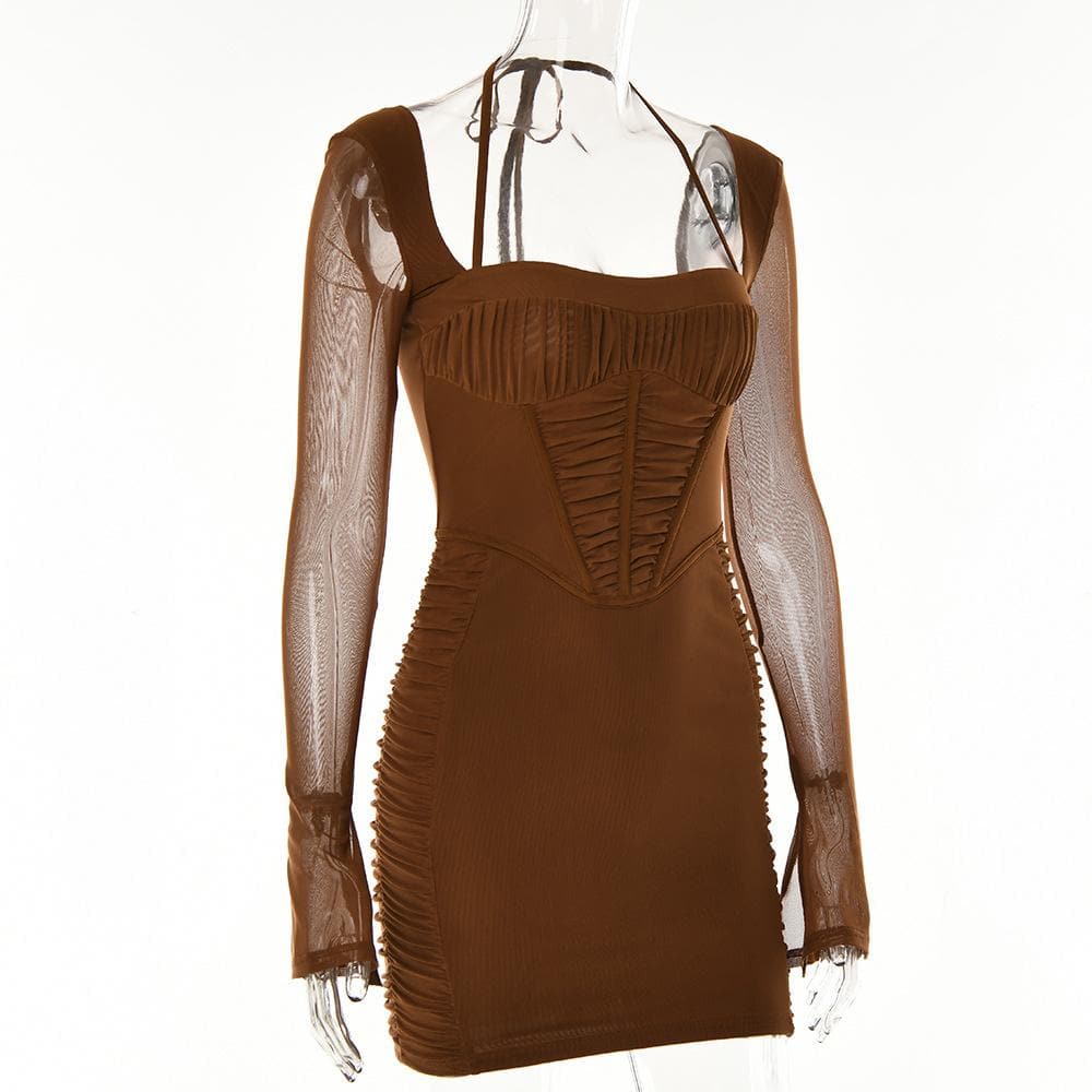Mesh Long Sleeve Ruched Corset Bodycon Mini Dress