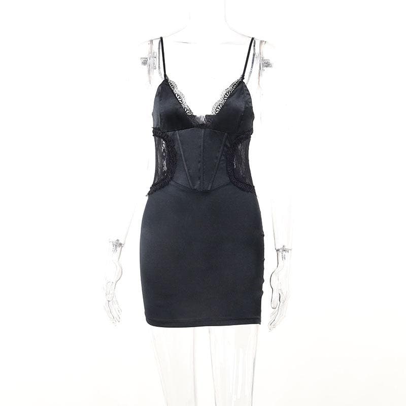 Satin V-Neck Lace Trim Corset Bodycon Mini Dress