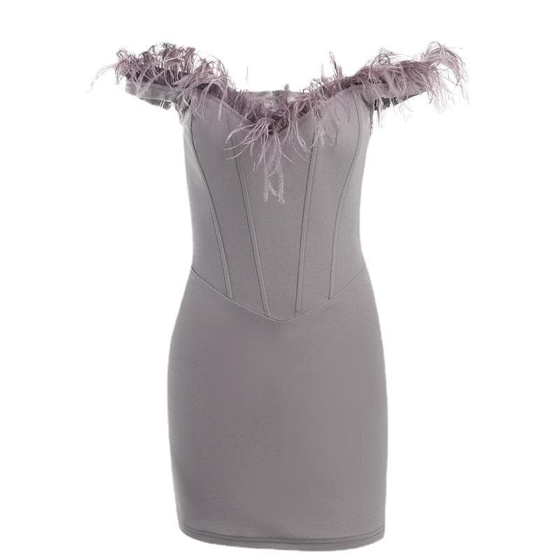 Feather Off Shoulder Sweetheart Corset Bodycon Mini Dress