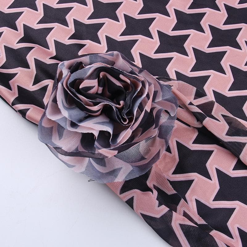 Star Print One Shoulder Flower Applique Ruffle High Low Mini Dress