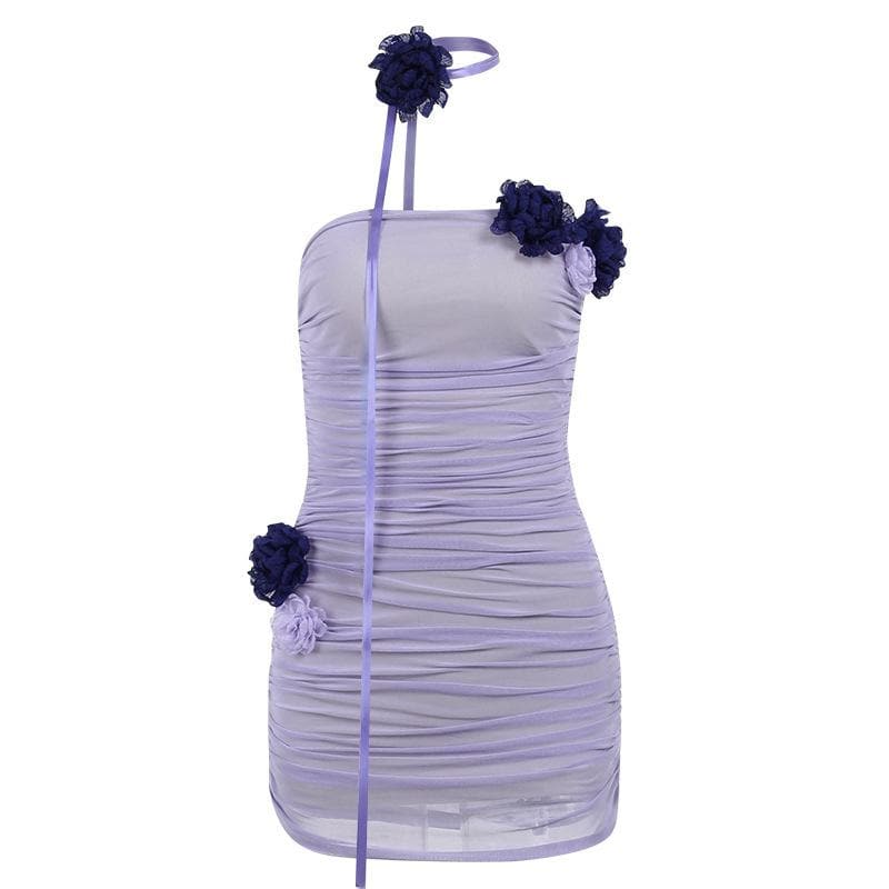 Strapless Rosette Ruched Mesh Backless Bodycon Mini Dress