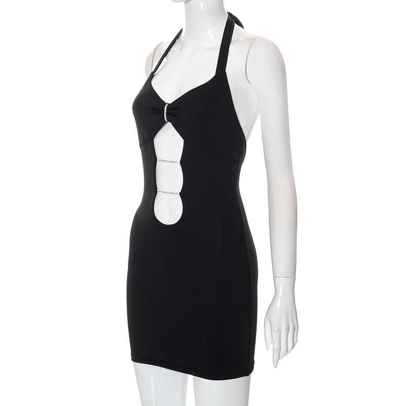 Halter Neck Ruched Cut Out Beaded Bodycon Mini Dress