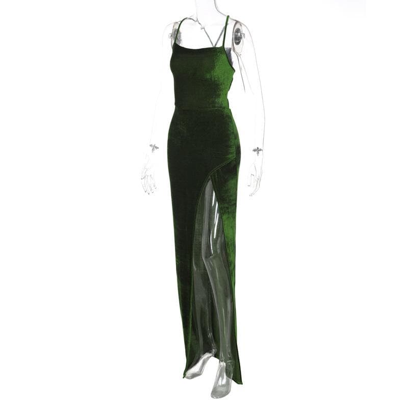 Velvet lace up solid slit cross back sleeveless midi dress - View 3