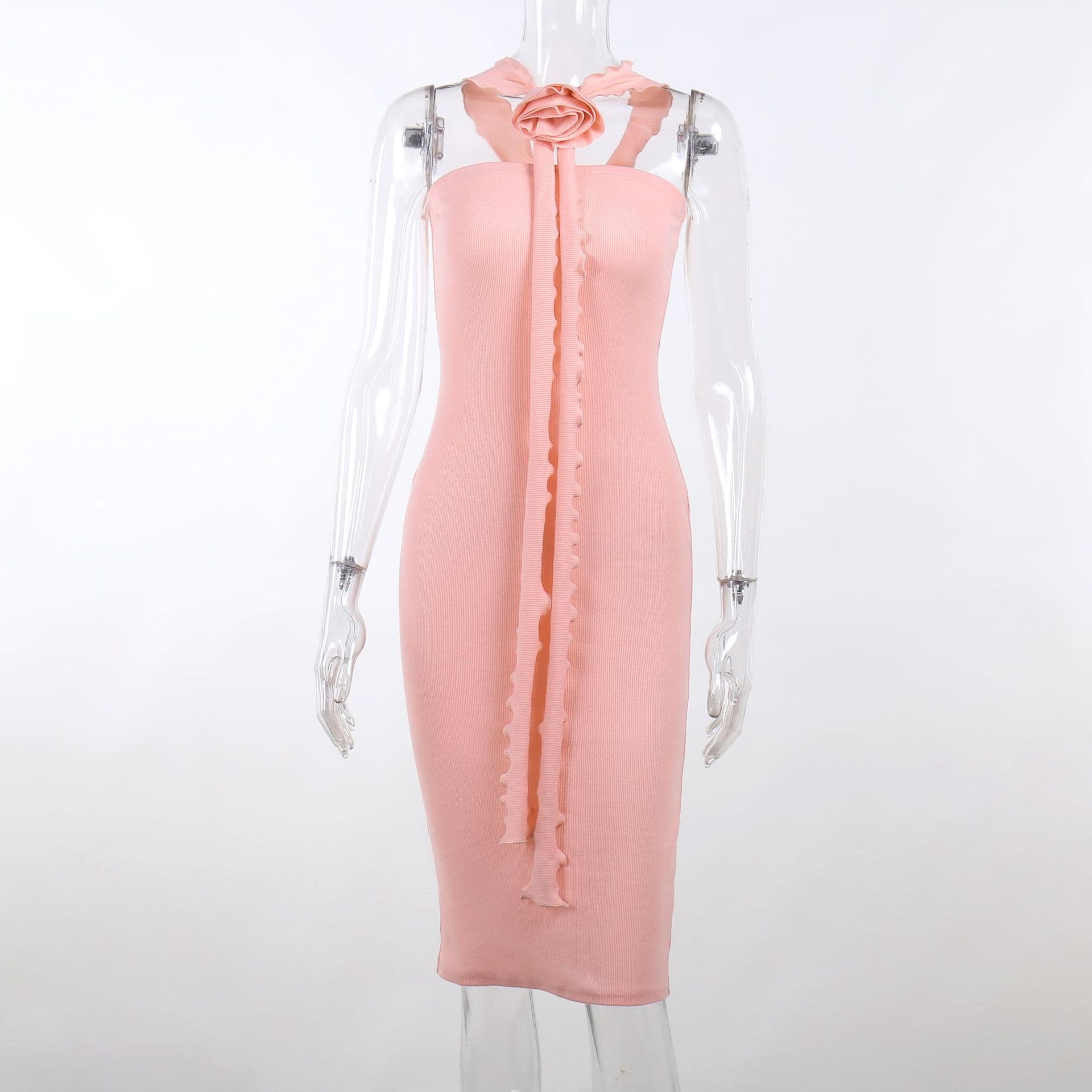 Ribbed Knit Halter Neck Flower Applique Ruffle Bodycon Midi Dress