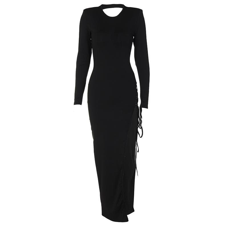 Lace up irregular long sleeve hollow out backless maxi dress