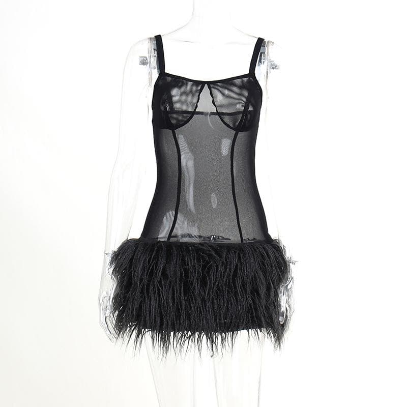 Mesh see through feather sleeveless backless mini dress 3