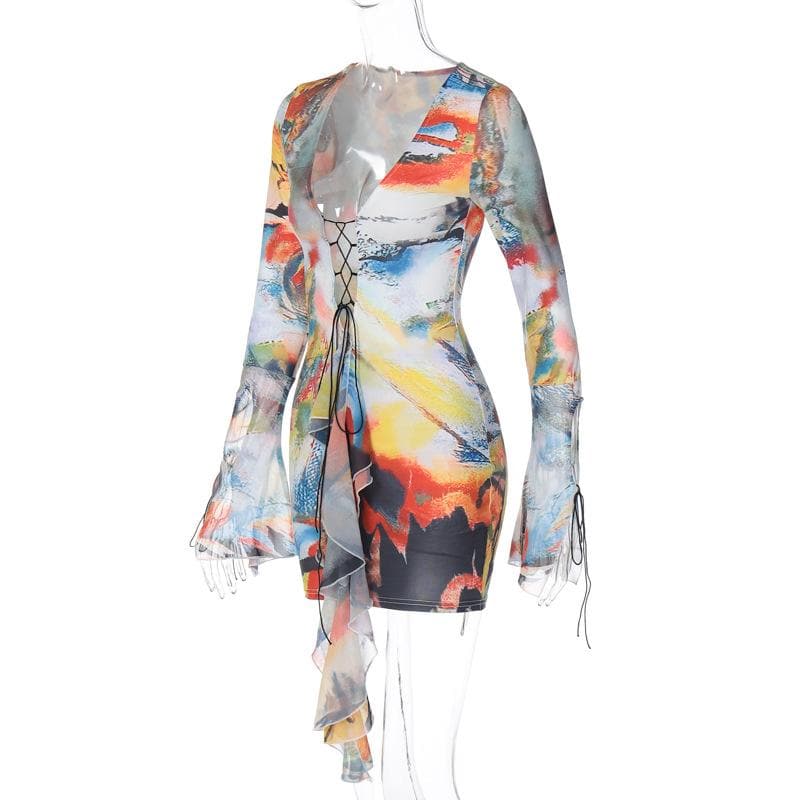 Lace up contrast flared sleeve self tie tie dye mini dress - View 3