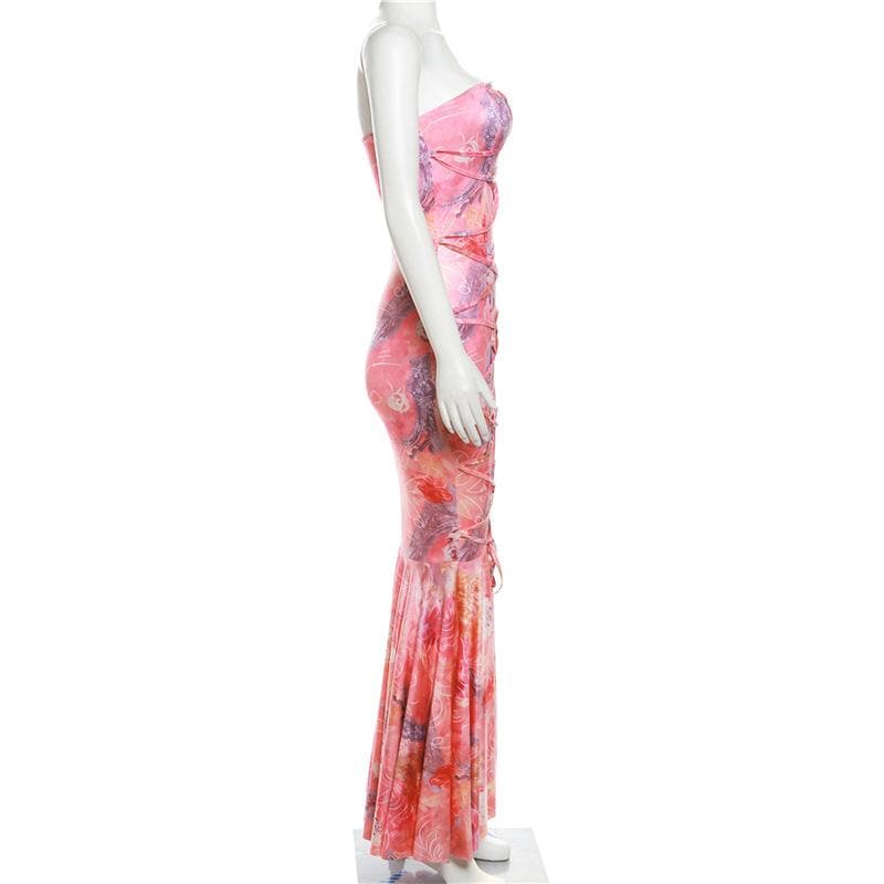 Lace up flower print contrast backless tube maxi dress 8
