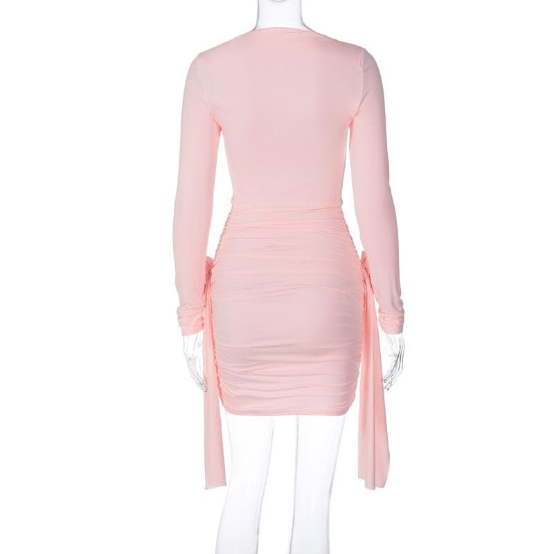 Boat Neck Long Sleeve Ruched Rosette Draped Bodycon Mini Dress